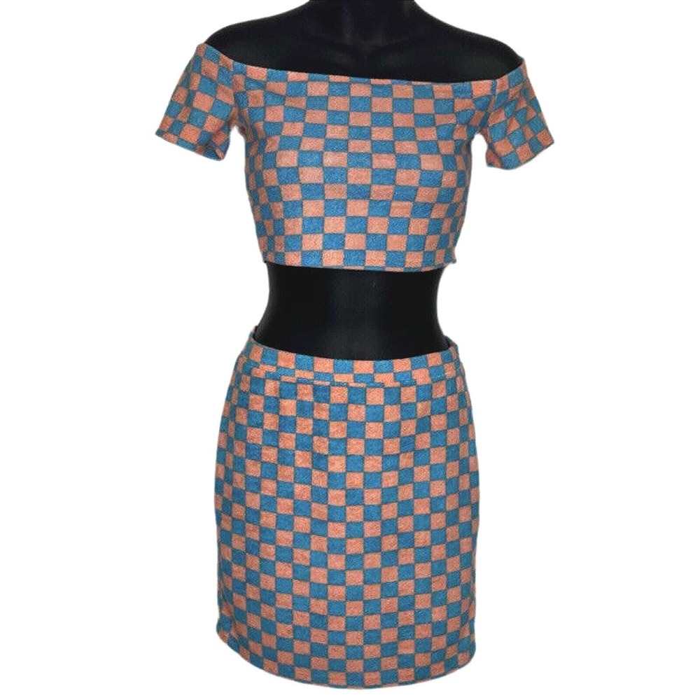 Blue Pink Checkered Juniors Two Piece Off Shoulder Crop Top Mini Skirt S NWOT